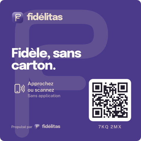 La carte NFC Fidélitas « Fidèle, sans carton. », avec son QR code